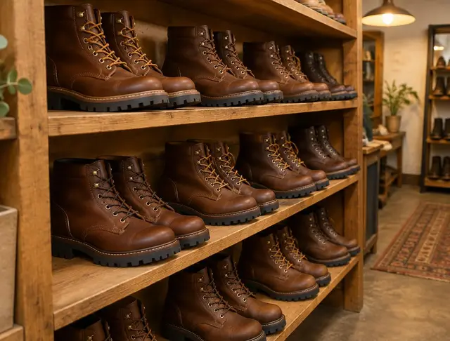 Anaquel con botas de trabajo de piel café